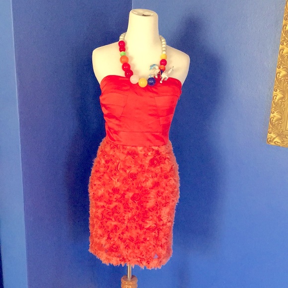 NWT bright coral strapless mini dress with rosettes - club party cosplay - Picture 3 of 17